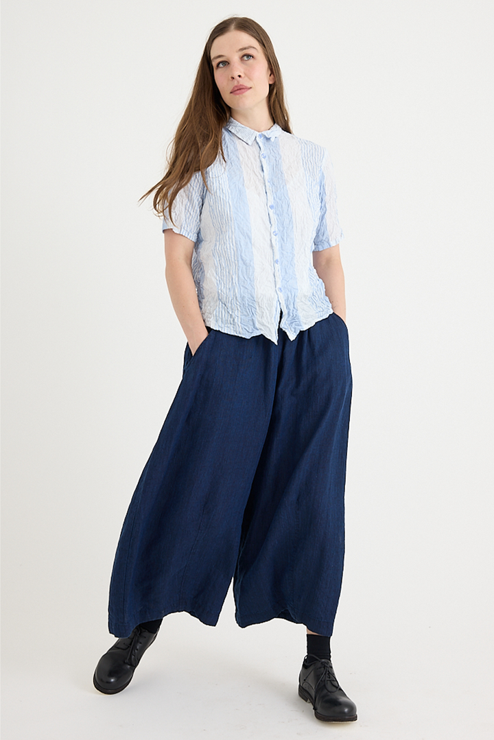 Pas De Calais - Blue Shirring Stripe Short Sleeve Blouse