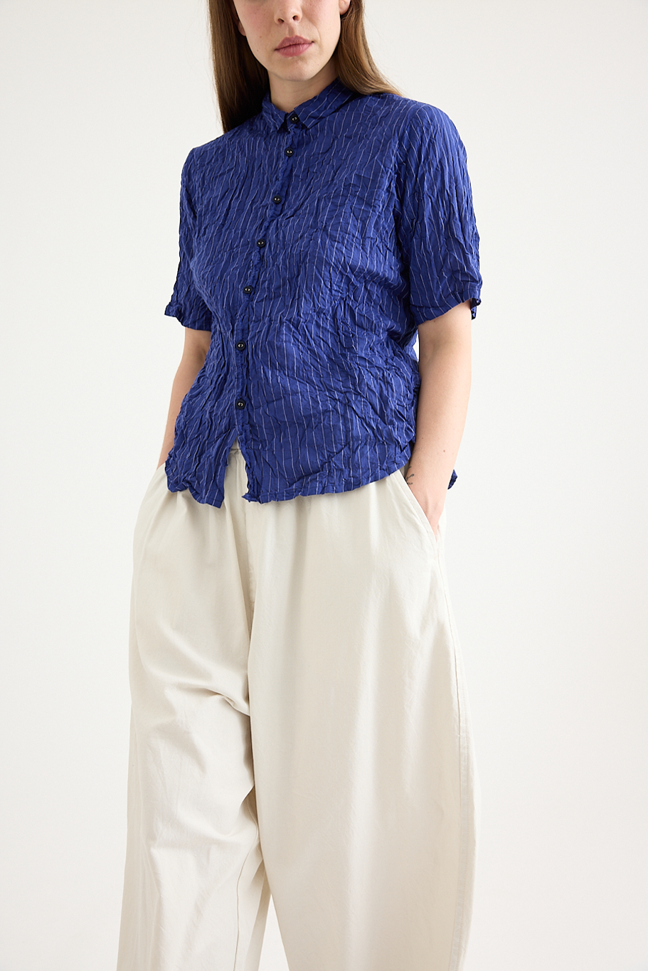 Pas De Calais - Blue Shirring Stripe Short Sleeve Blouse