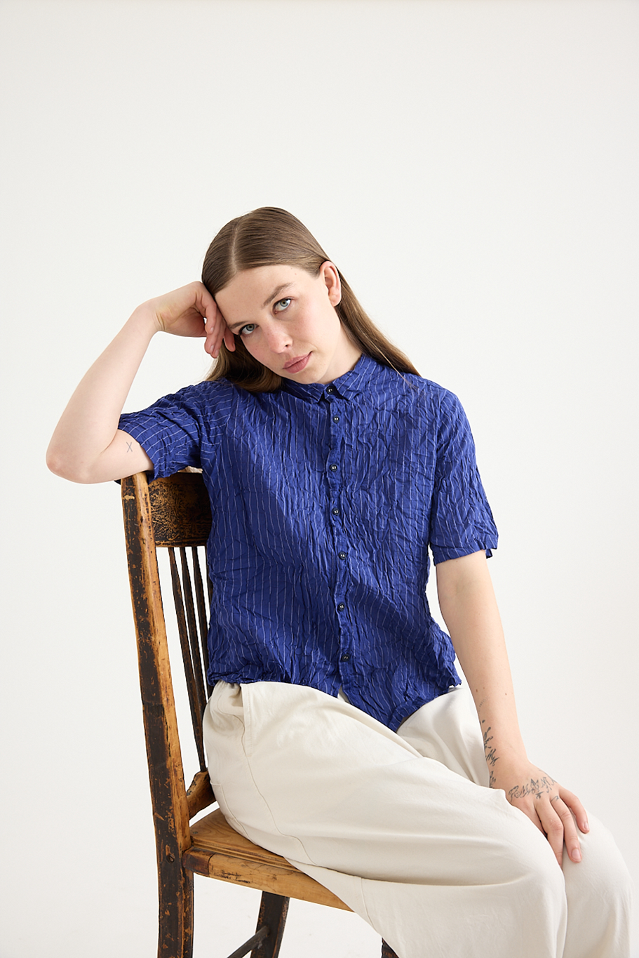 Pas De Calais - Blue Shirring Stripe Short Sleeve Blouse