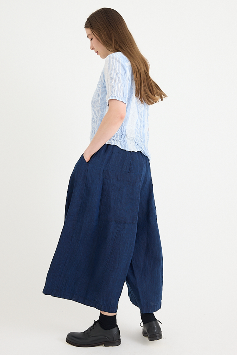Pas De Calais - Blue Shirring Stripe Short Sleeve Blouse