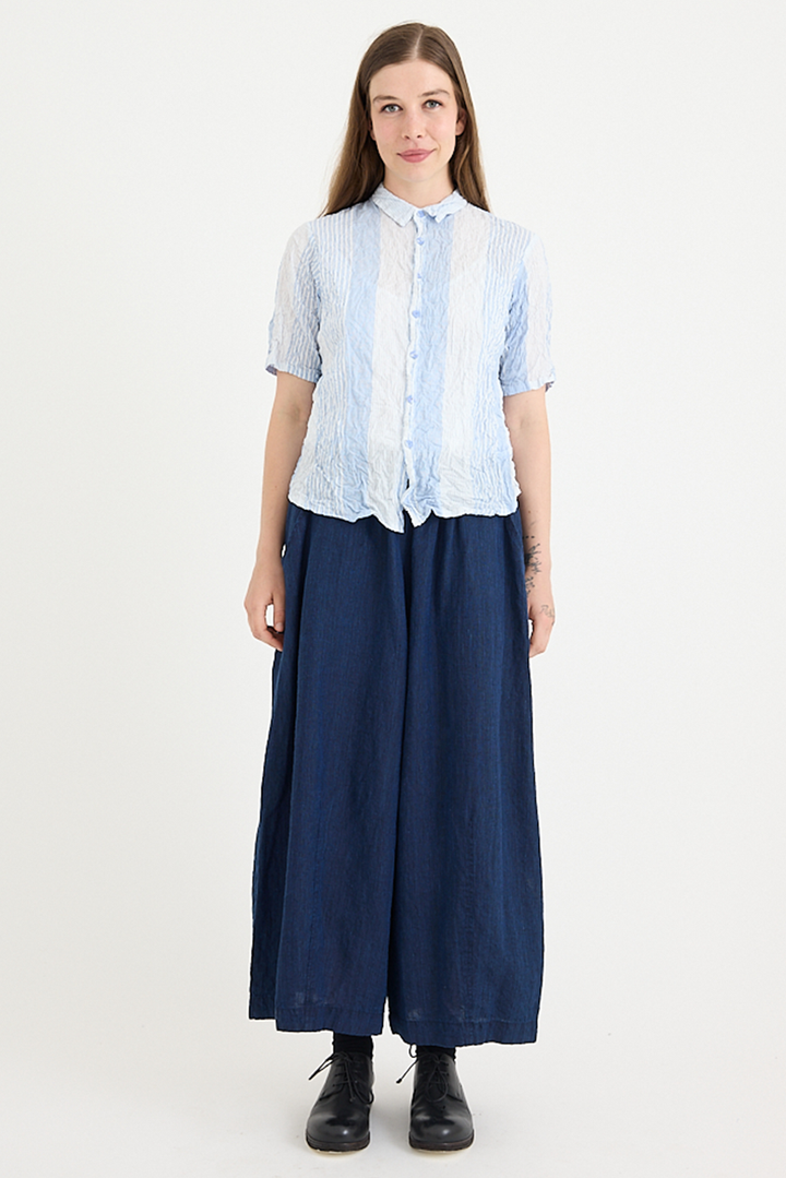 Pas De Calais - Blue Shirring Stripe Short Sleeve Blouse