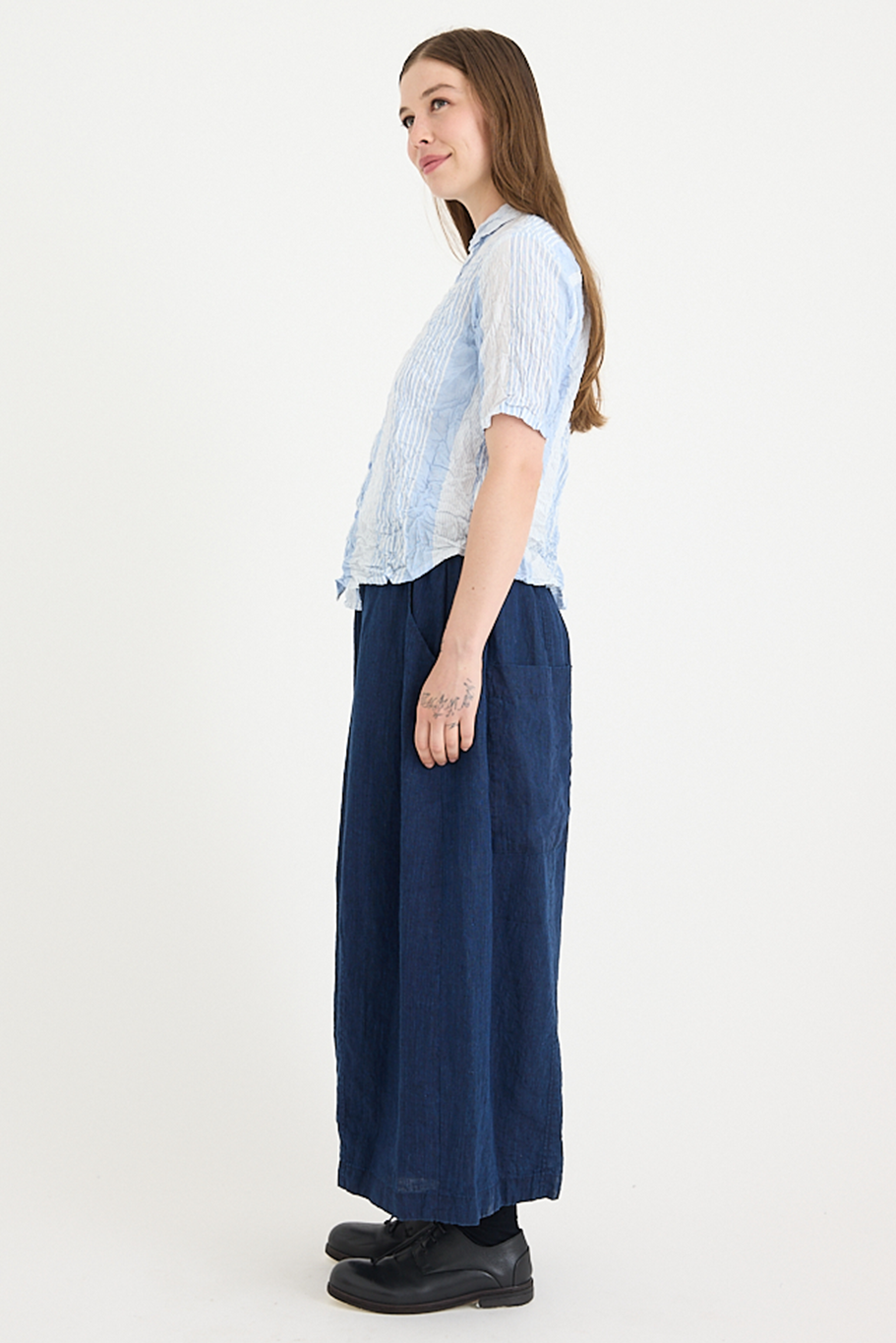Pas De Calais - Blue Shirring Stripe Short Sleeve Blouse