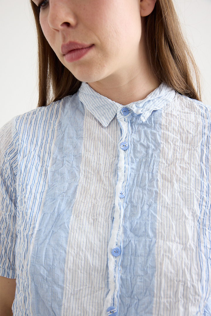 Pas De Calais - Blue Shirring Stripe Short Sleeve Blouse