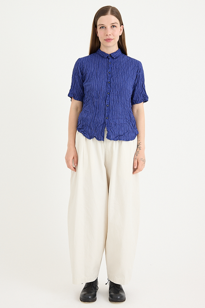 Pas De Calais - Blue Shirring Stripe Short Sleeve Blouse