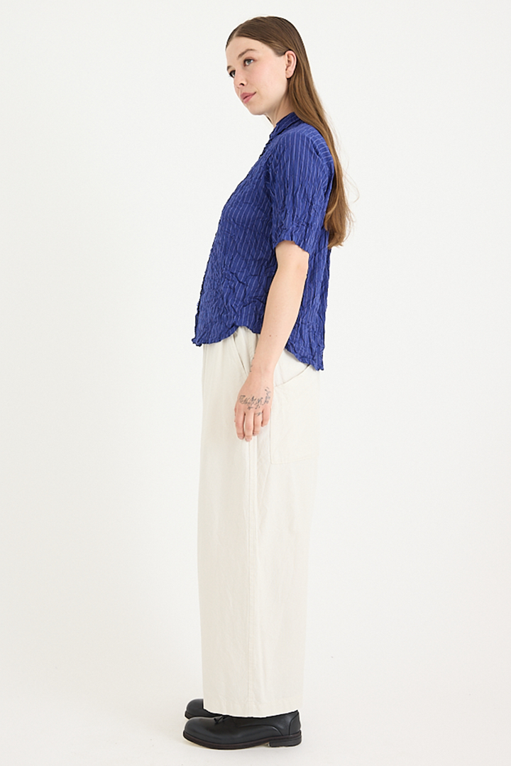 Pas De Calais - Blue Shirring Stripe Short Sleeve Blouse