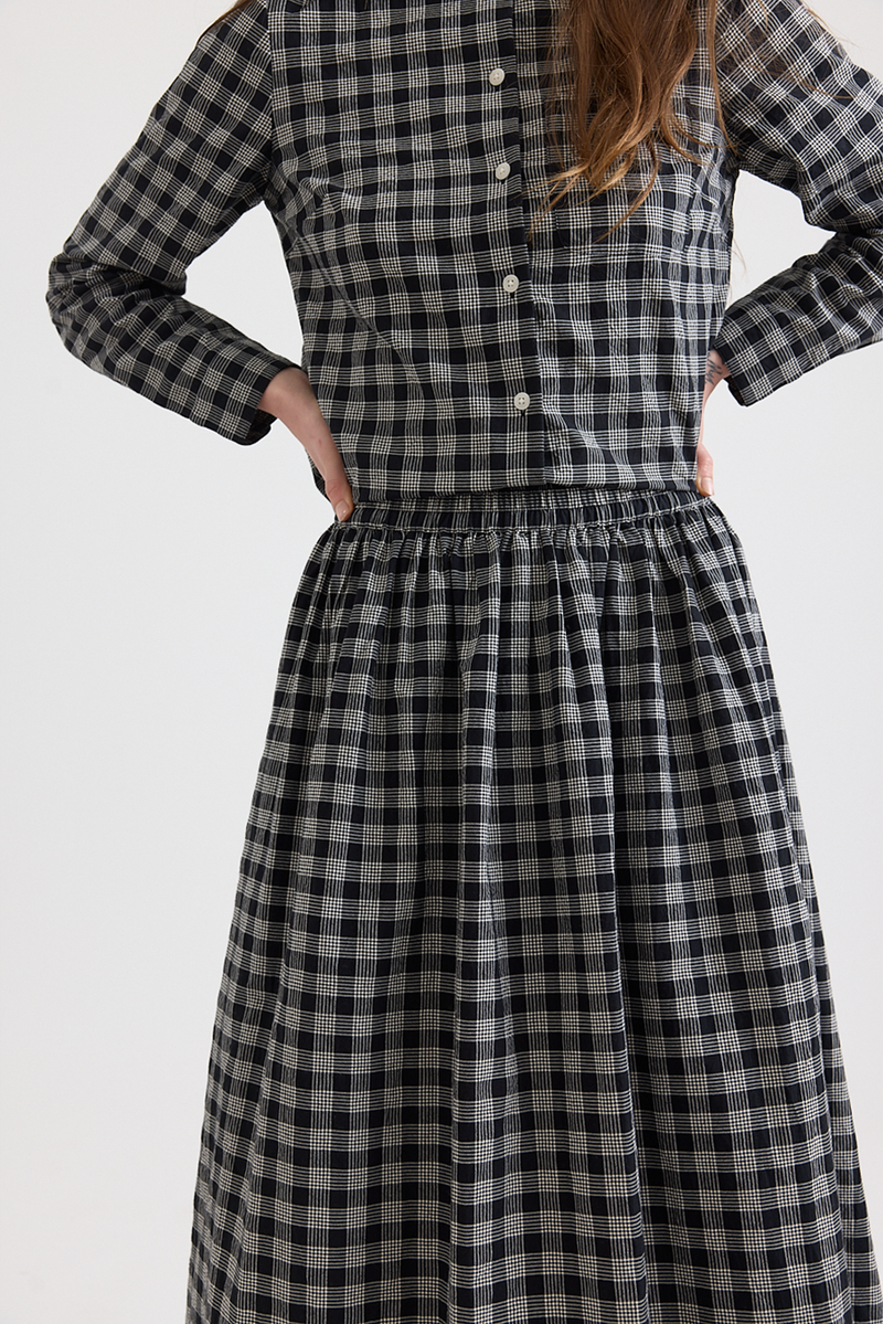 Toast - Binding Check Cotton Wool Gathered Skirt