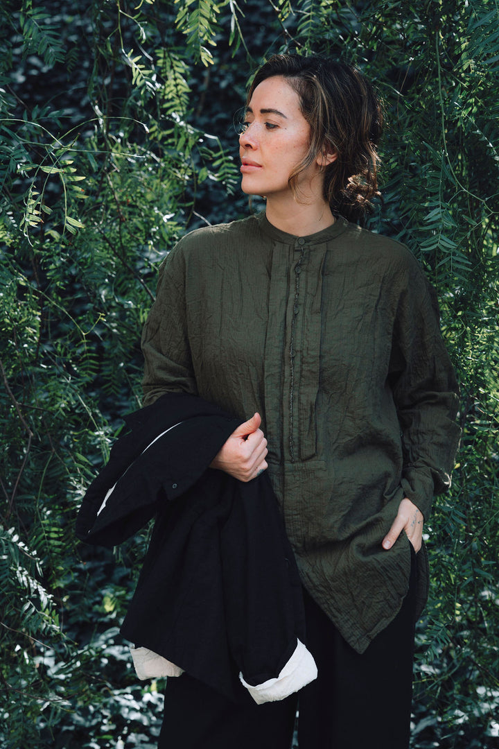 Pas de Calais - Brushed Crinkle Band Collar Shirt