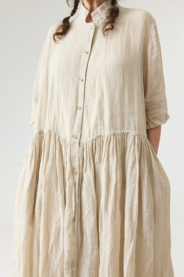 Kaval - Stand Collar Gather Dress - Natural