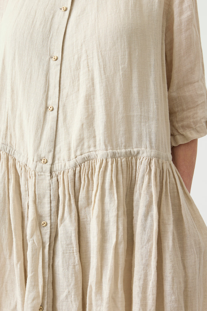 Kaval - Stand Collar Gather Dress - Natural