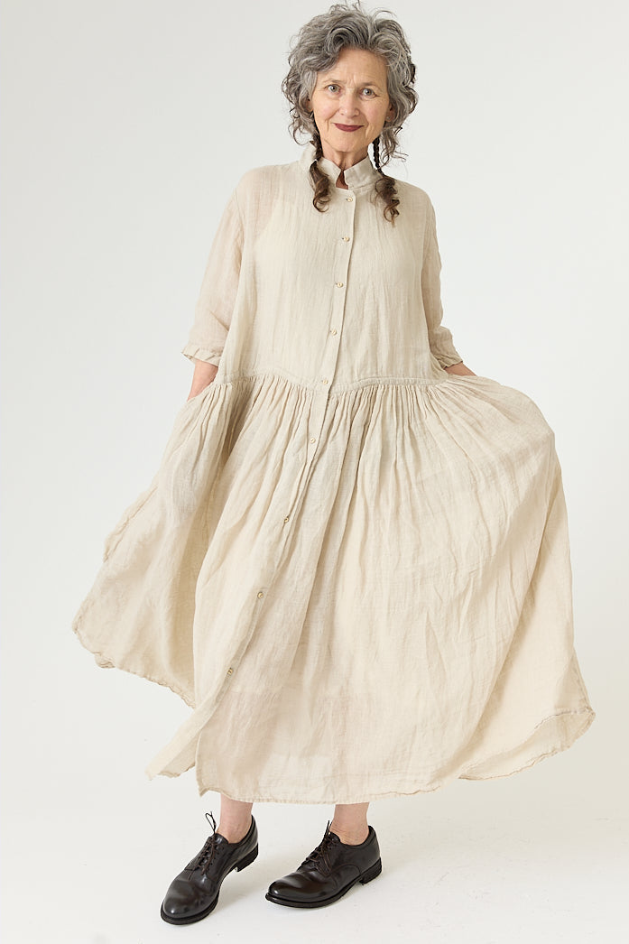 Kaval - Stand Collar Gather Dress - Natural
