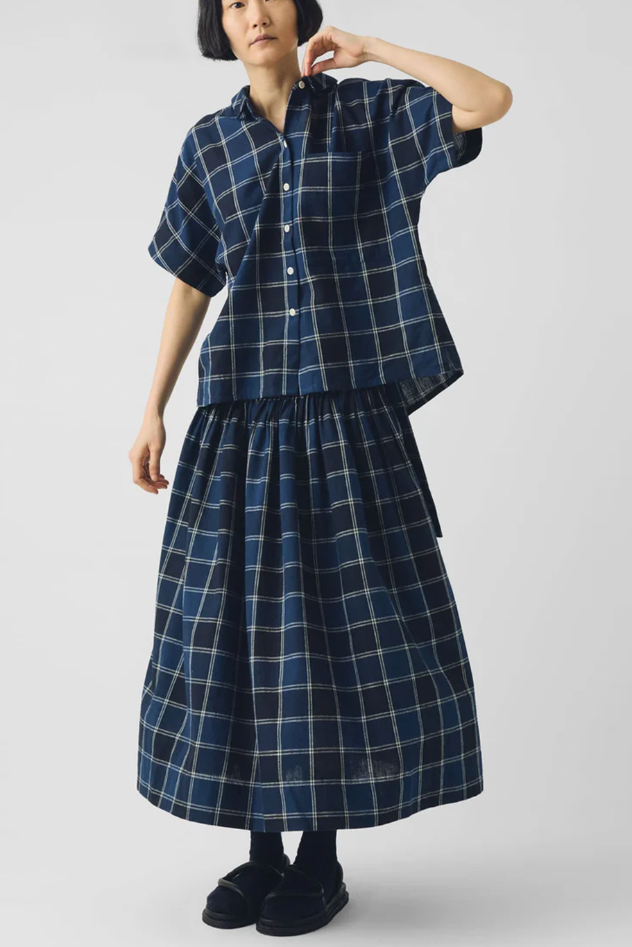 Toast - Market Check Pleated Cotton Linen Skirt