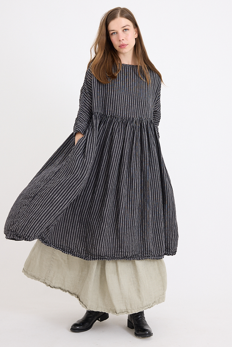 Metta - Boating Dress - Black and White Linen Ticking Stripe