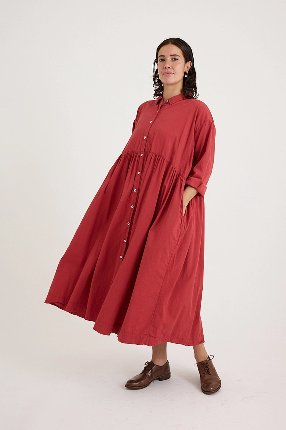 Metta - Oak Gathered Waist Dress - Cotton Twill