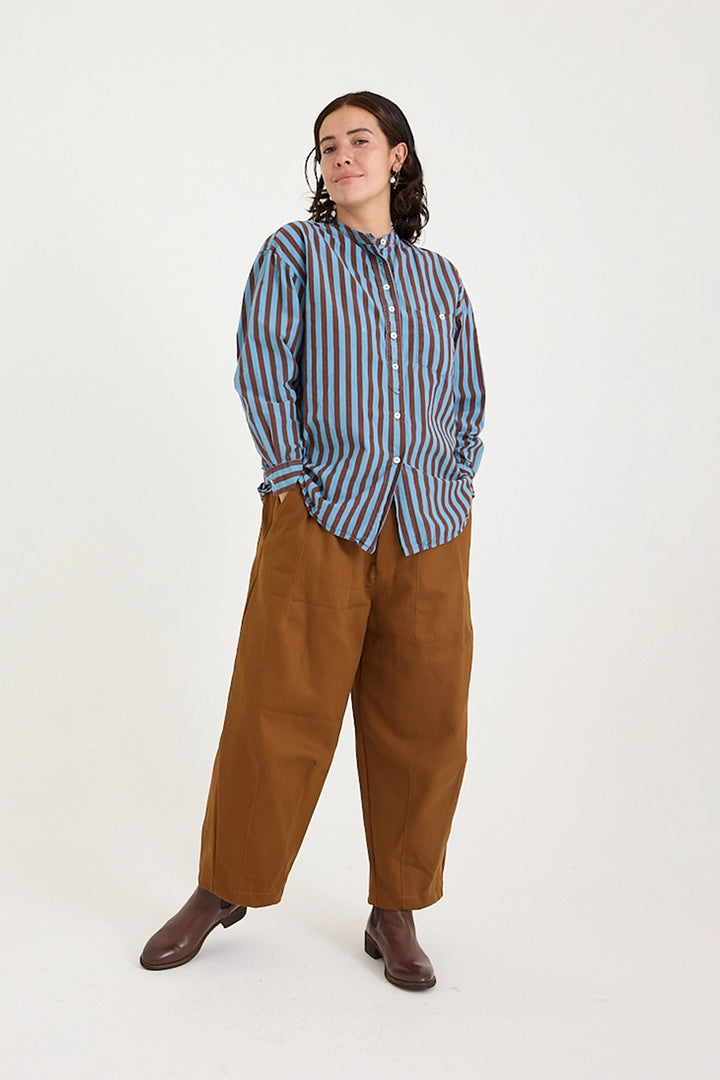 Metta - Italy Collarless Shirt - Coco Stripe Cotton Poplin