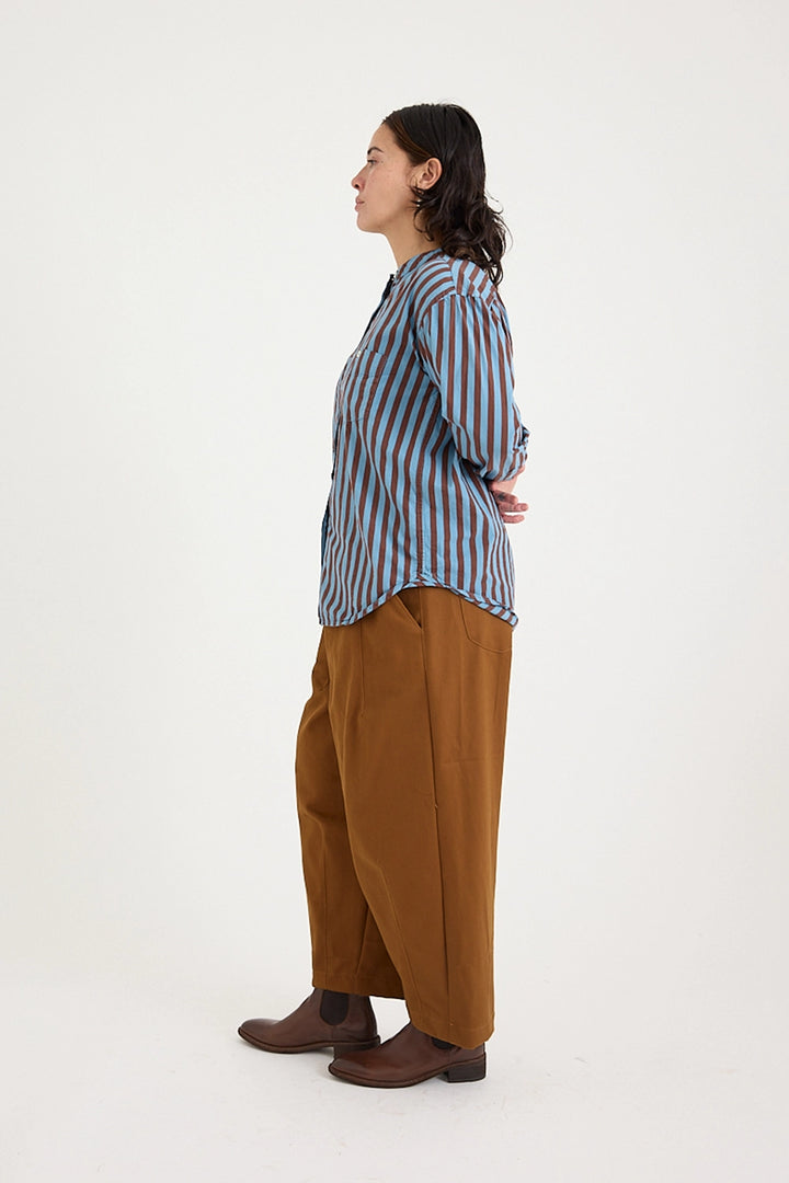 Metta - Italy Collarless Shirt - Coco Stripe Cotton Poplin