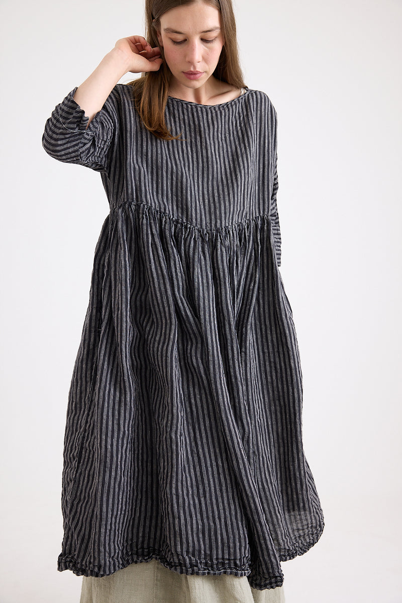 Metta - Boating Dress - Black and White Linen Ticking Stripe