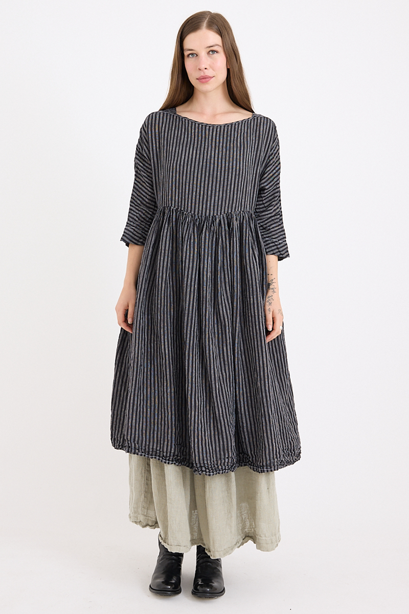 Metta - Boating Dress - Black and White Linen Ticking Stripe