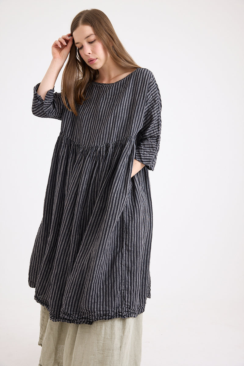 Metta - Boating Dress - Black and White Linen Ticking Stripe