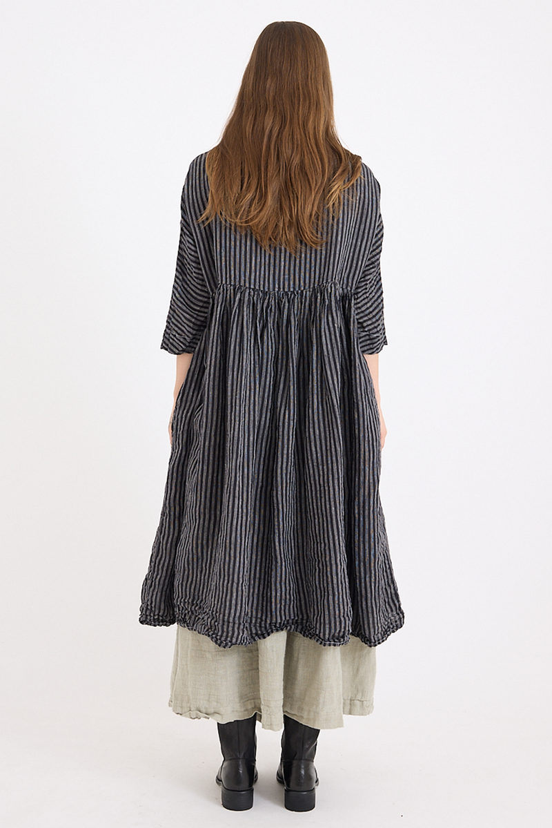 Metta - Boating Dress - Black and White Linen Ticking Stripe