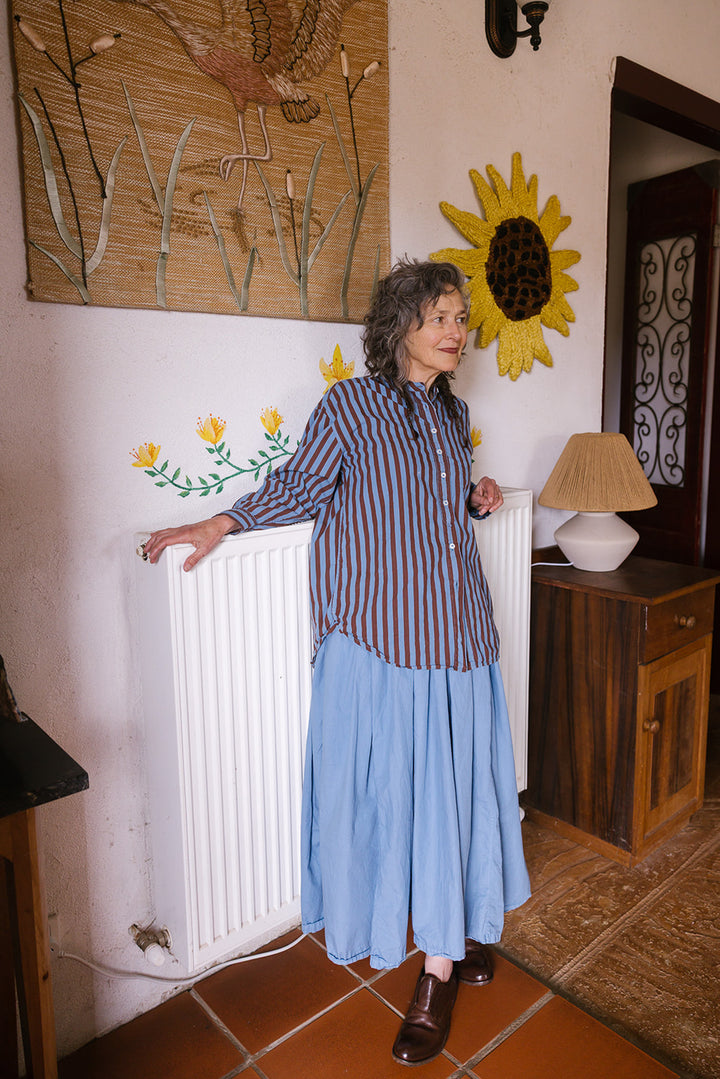 Metta - Italy Collarless Shirt - Coco Stripe Cotton Poplin