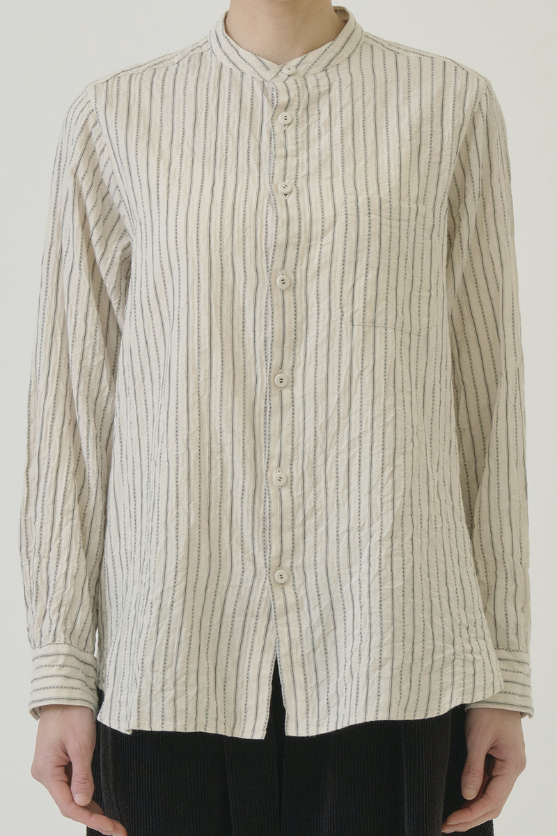 Pas de Calais - Dobby Stripe Shirring Brushed Blouse
