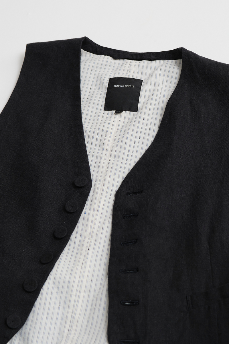 Pas de Calais - L/H Canvas + Yarn dyed Stripe V-Neck Vest - Navy