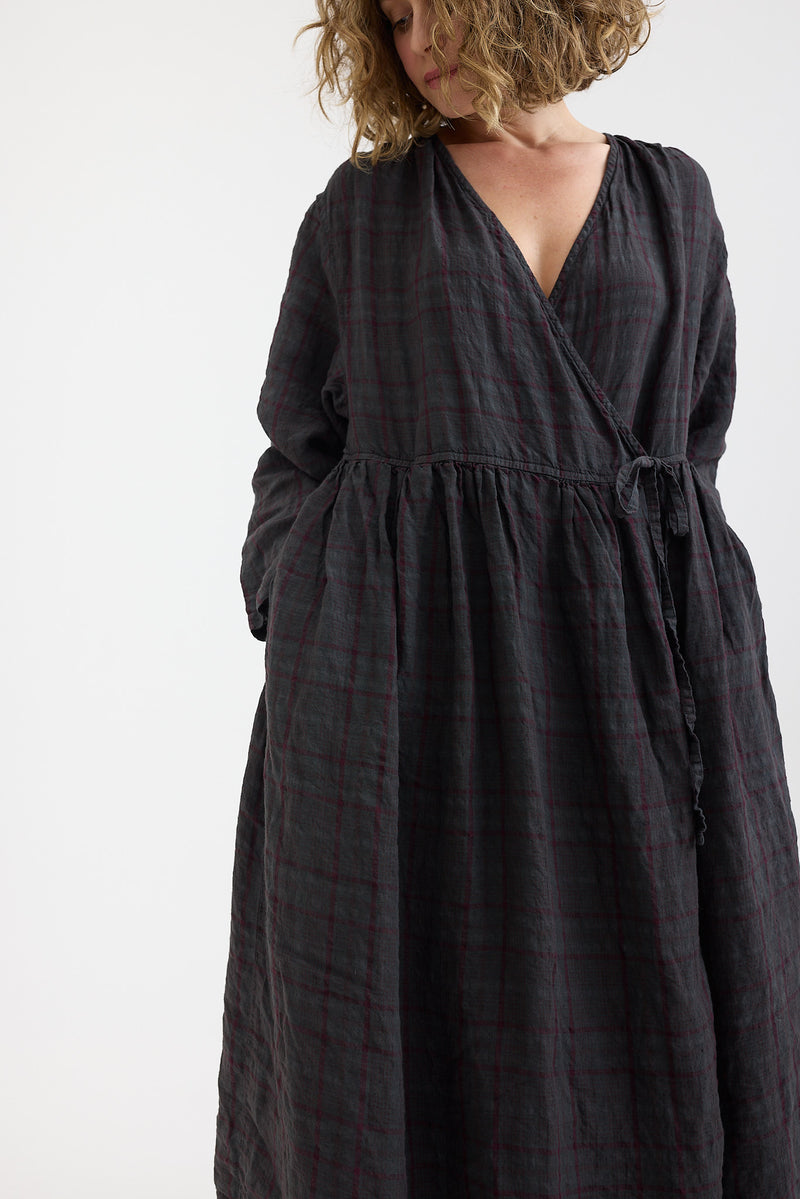 Metta - Amelie Wrap Dress - Linen - Flint Grey Check