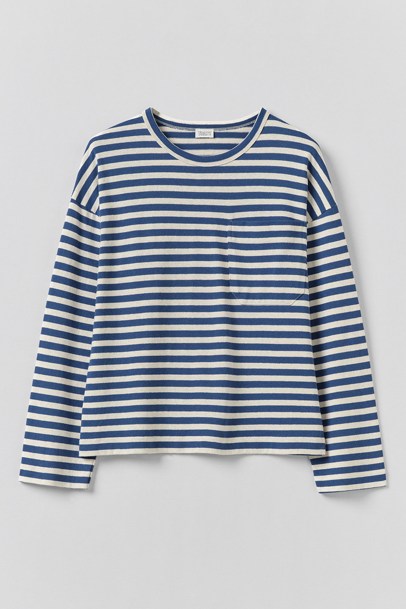 Toast - Bold Stripe Cotton Boxy Tee - Delft/Ecru