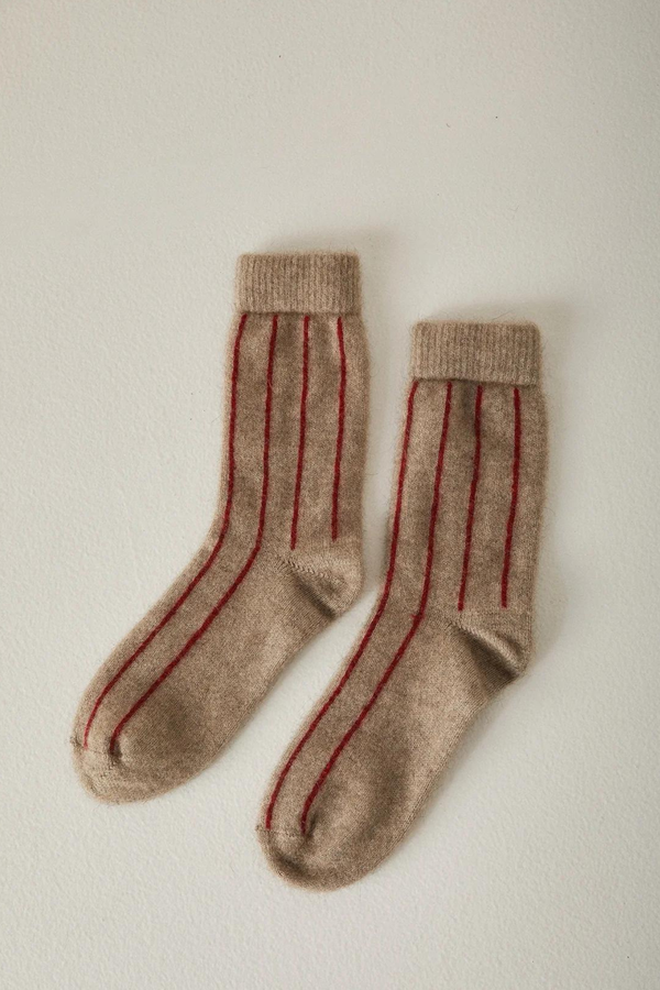 Francie - Possum Merino Socks Striped / Natural & Poppy